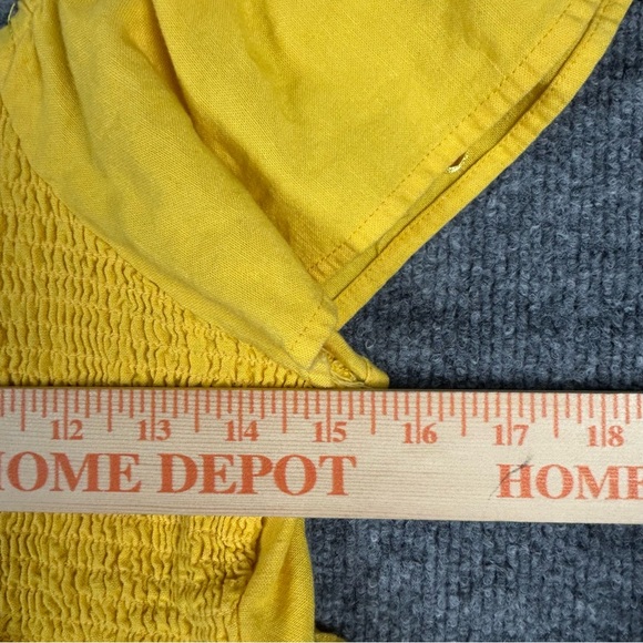 Midnight Sky Yellow Smocked Peplum Top L Flutter Sleeve Linen Blend Boho - Picture 9 of 9